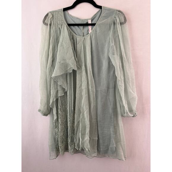 Pretty Angel Silk Blend Tunic Dress Whimsy Flowy Green Sheer Sleeves Lace L NEW - Picture 1 of 6